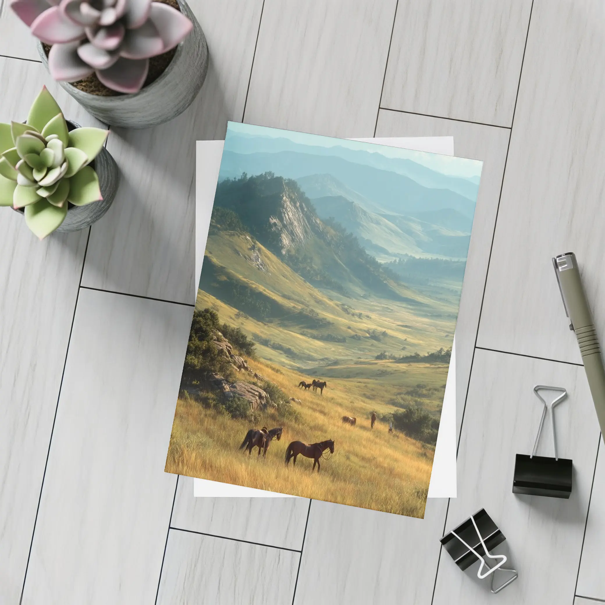 Wild Horses Grazing in Mountain Valley – Postcards