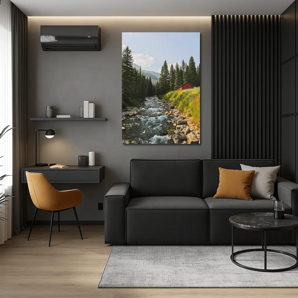 Mountain Stream Red Barn Pine Forest – Wall Art