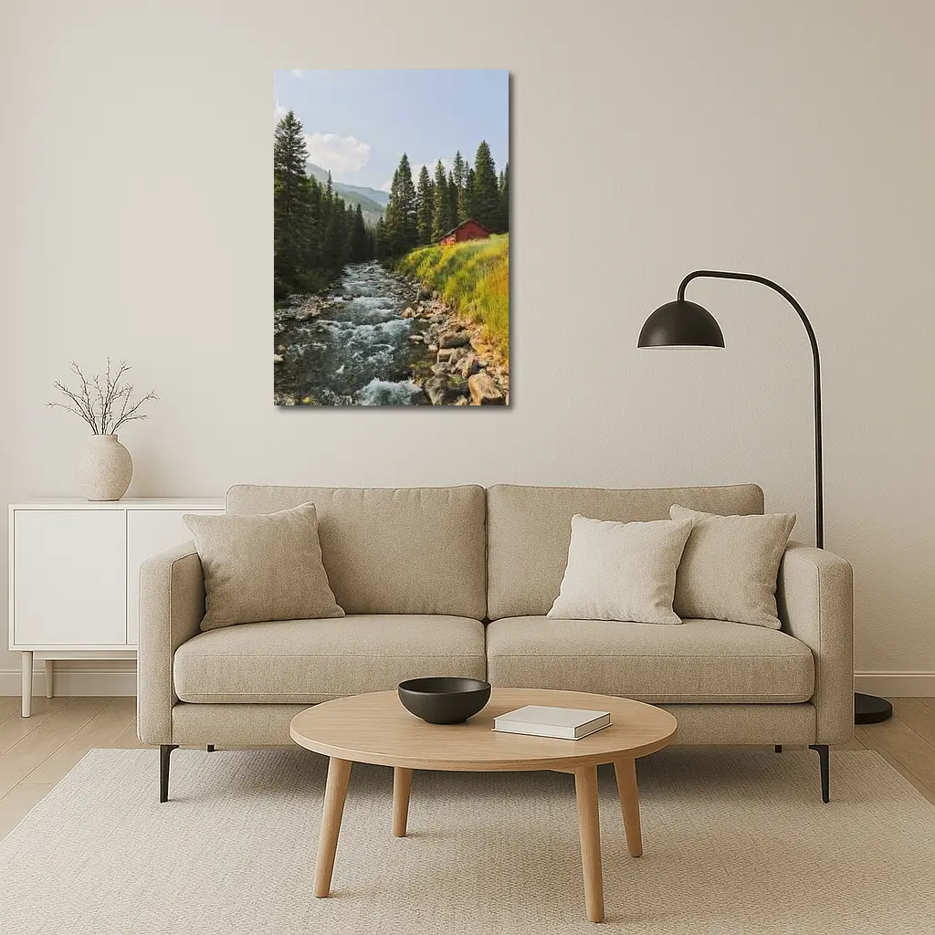 Mountain Stream Red Barn Pine Forest – Wall Art