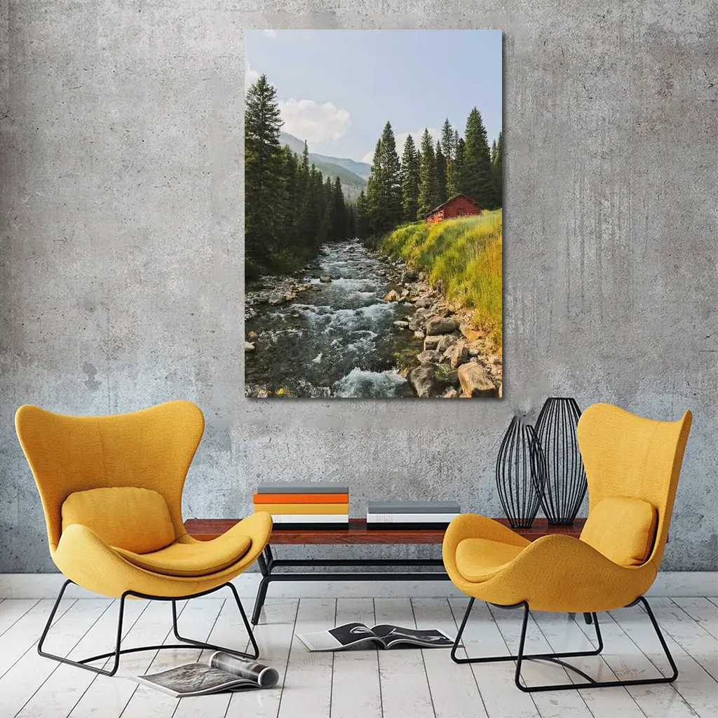 Mountain Stream Red Barn Pine Forest – Wall Art