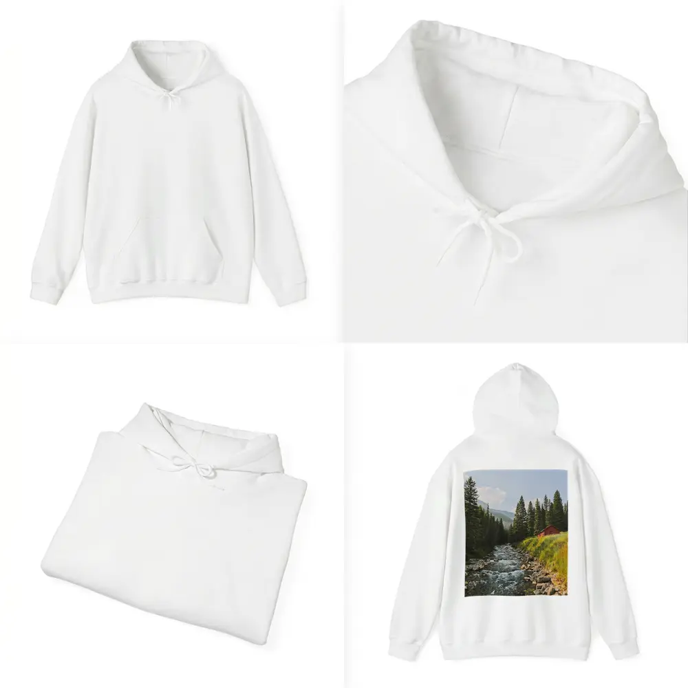 Mountain Stream Red Barn Pine Forest – Hoodies