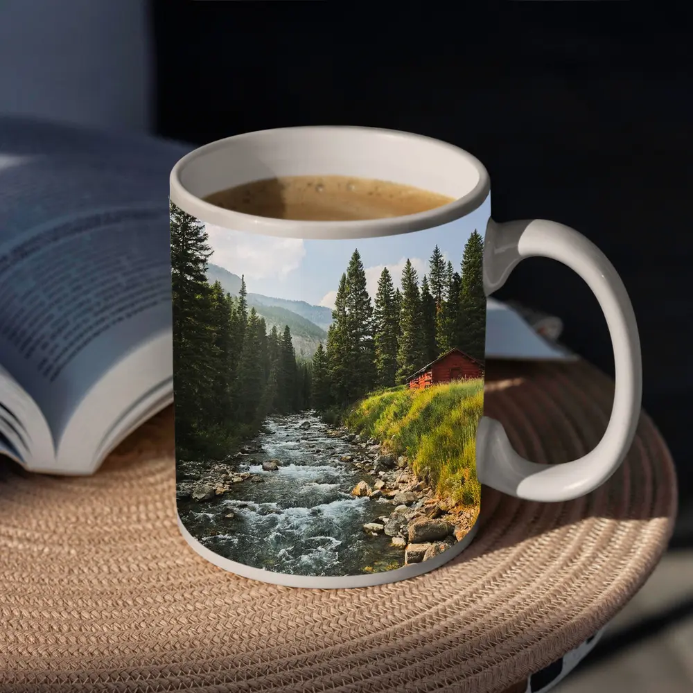 Mountain Stream Red Barn Pine Forest – Mugs