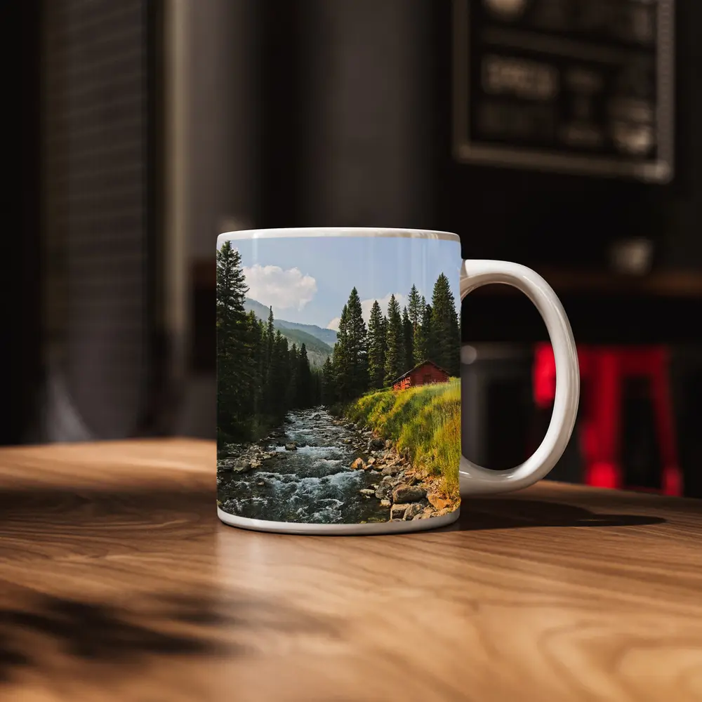 Mountain Stream Red Barn Pine Forest – Mugs