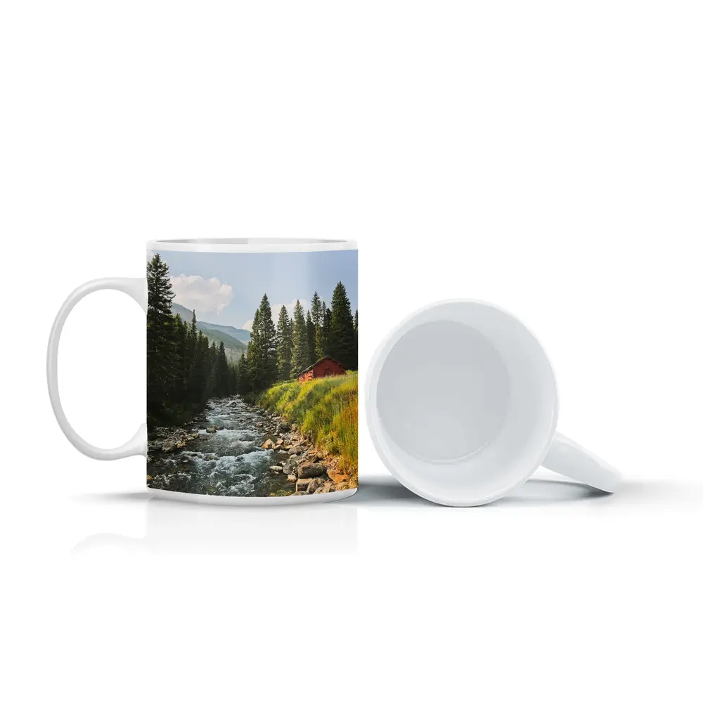 Mountain Stream Red Barn Pine Forest – Mugs