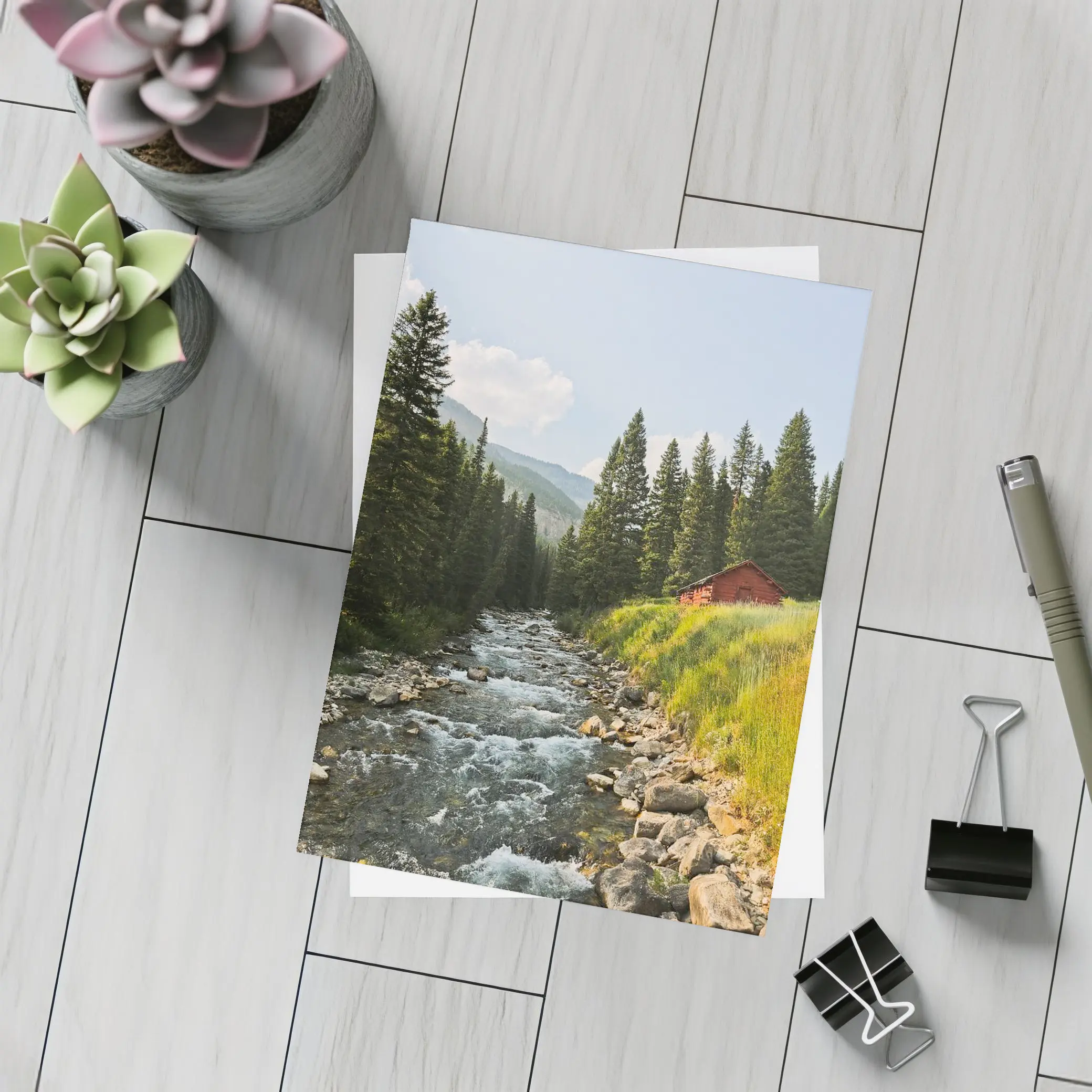 Mountain Stream Red Barn Pine Forest – Postcards