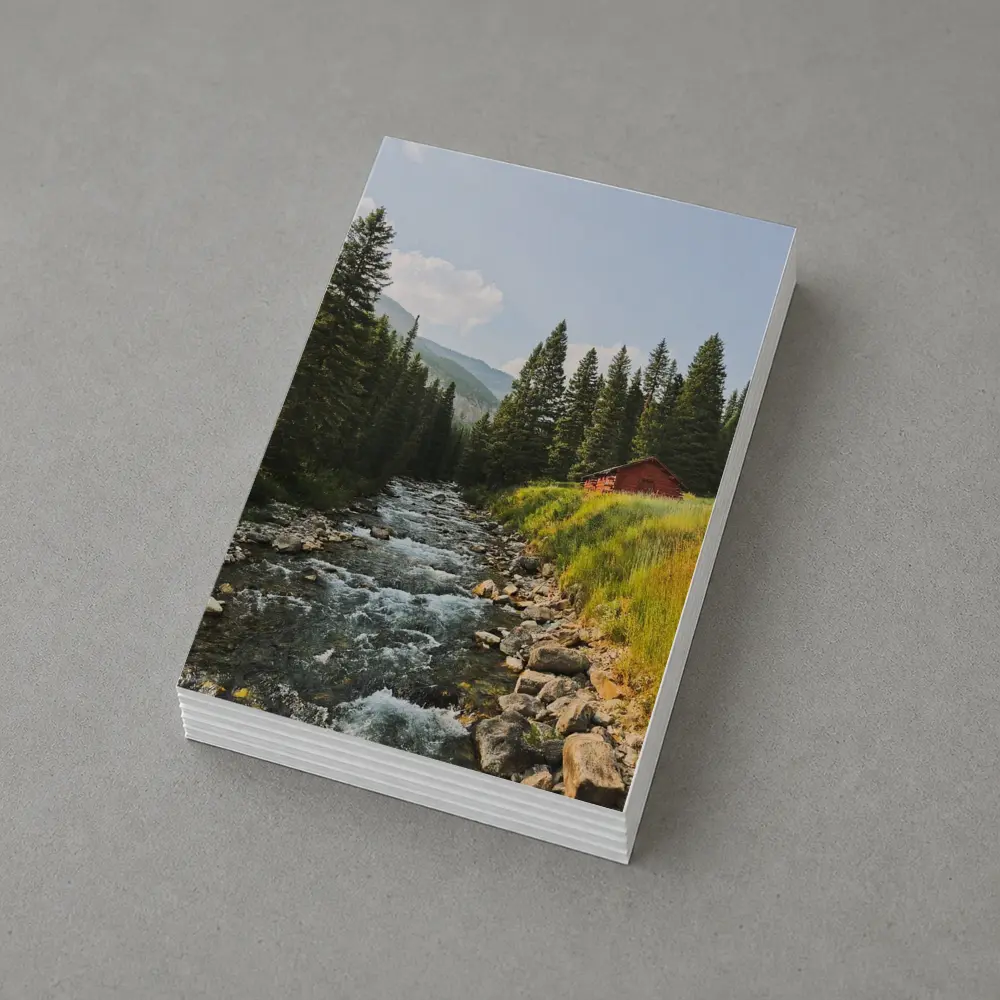 Mountain Stream Red Barn Pine Forest – Postcards