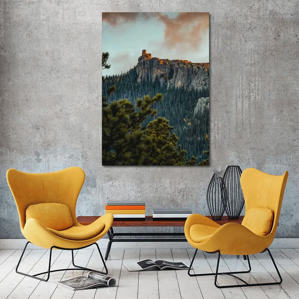 Stone Watchtower Atop Rocky Mountain Cliff – Wall Art