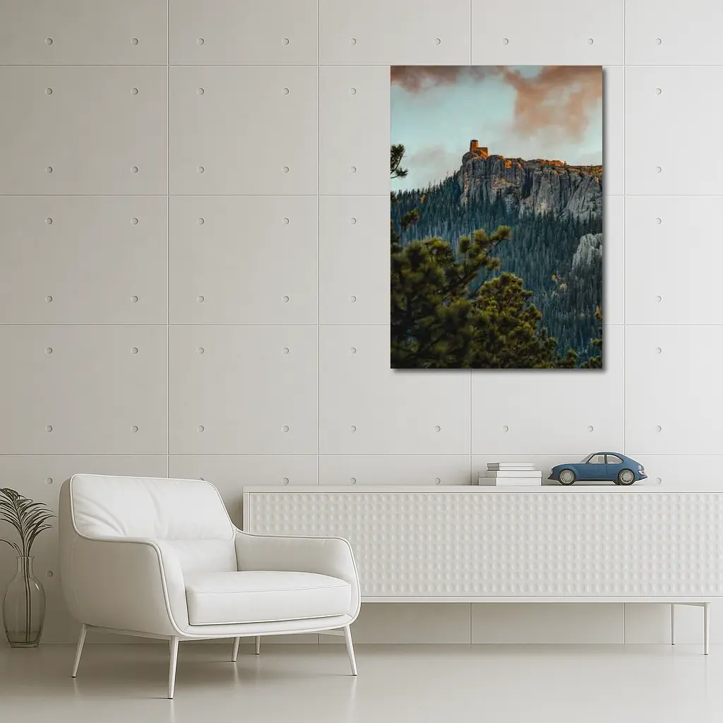 Stone Watchtower Atop Rocky Mountain Cliff – Wall Art