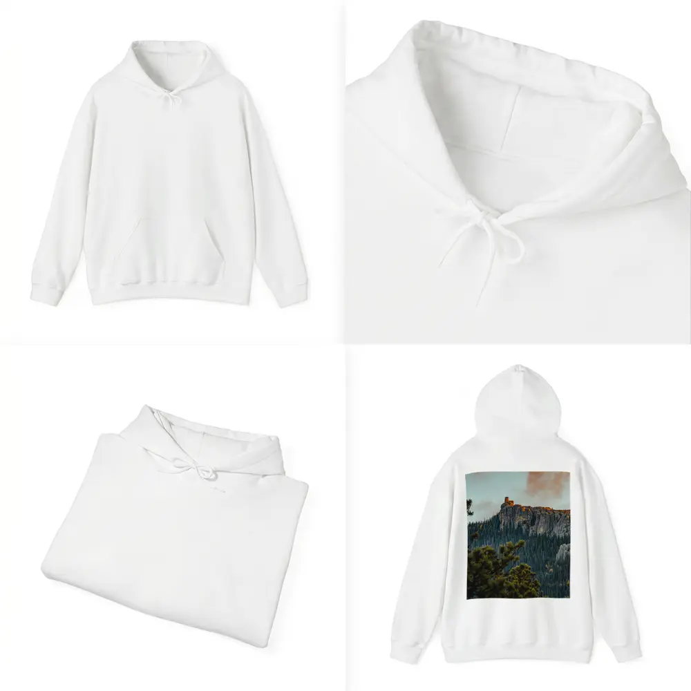 Stone Watchtower Atop Rocky Mountain Cliff – Hoodies