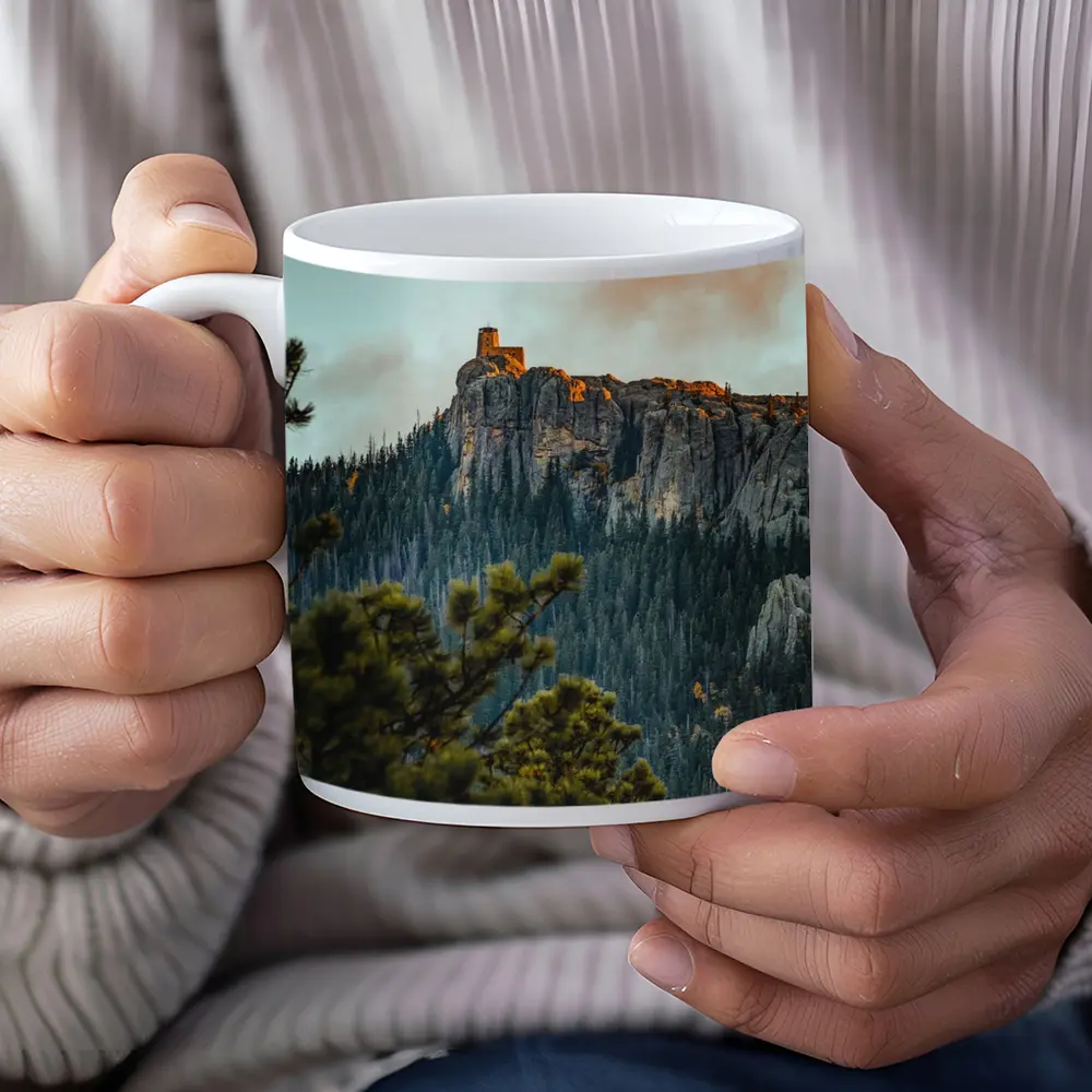 Stone Watchtower Atop Rocky Mountain Cliff – Mugs