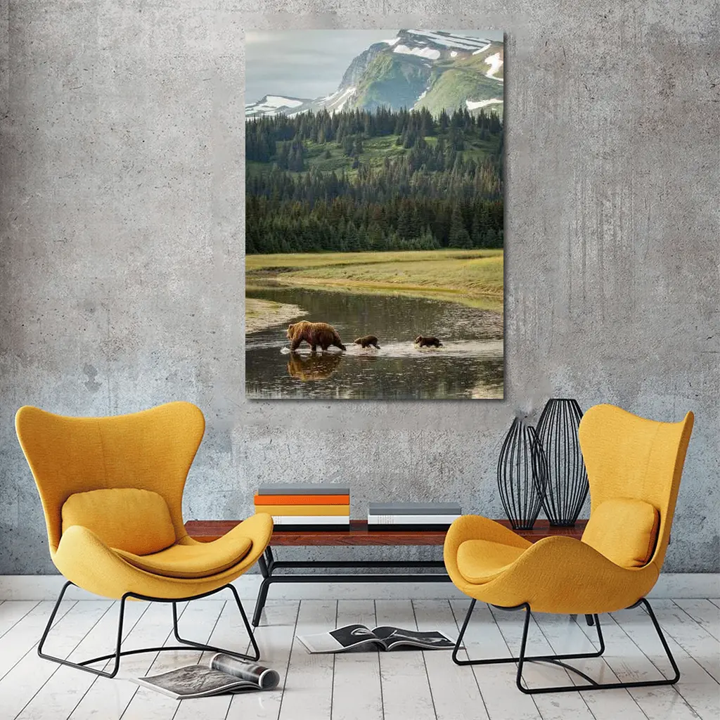 Grizzly Bears Crossing River Mountain Wilderness – Wall Art