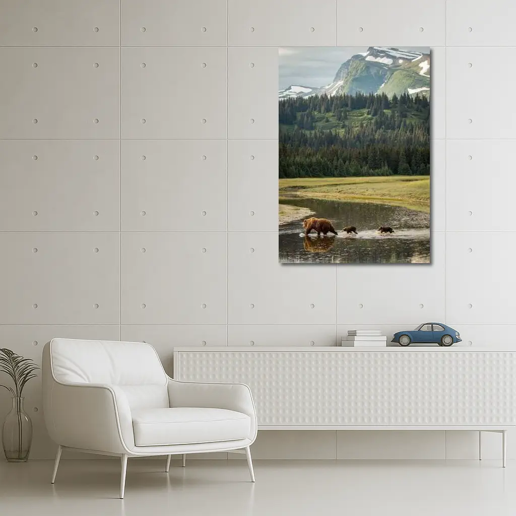 Grizzly Bears Crossing River Mountain Wilderness – Wall Art