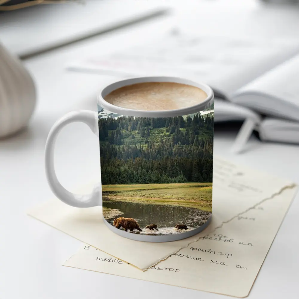 Grizzly Bears Crossing River Mountain Wilderness – Mugs