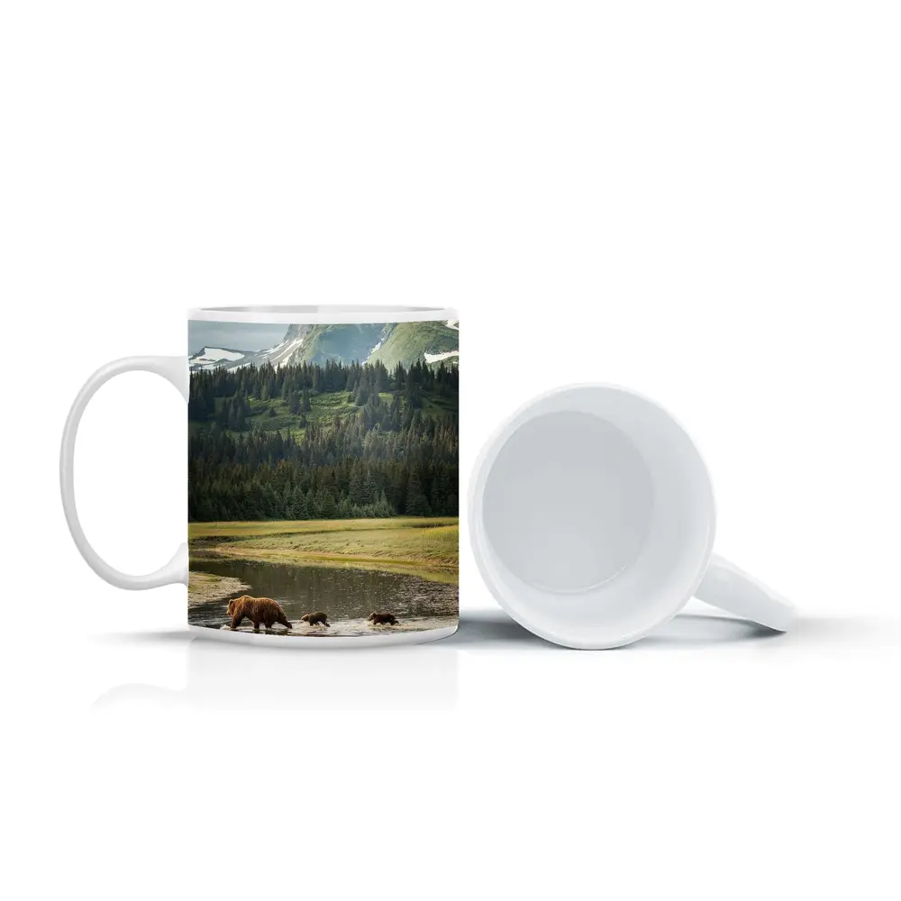 Grizzly Bears Crossing River Mountain Wilderness – Mugs