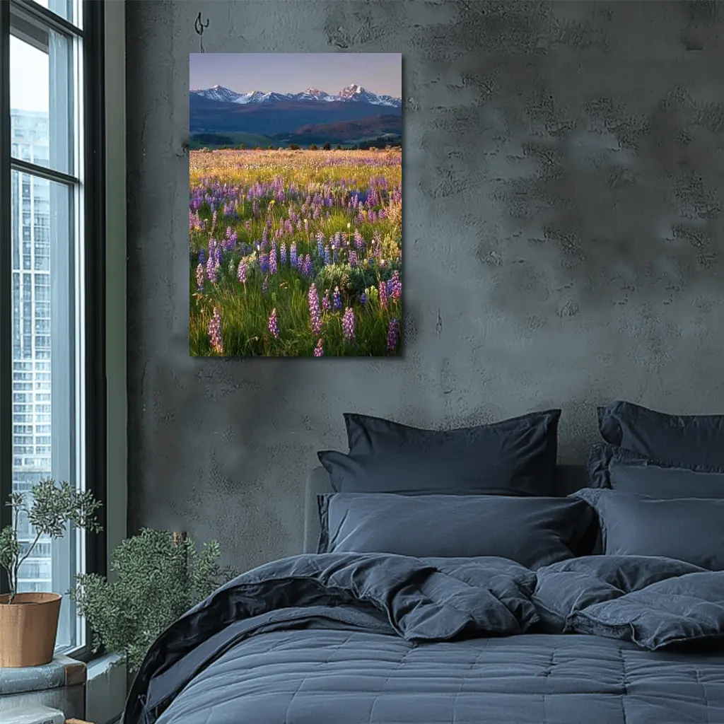 Lupine Wildflower Field Snow Capped Mountains – Wall Art