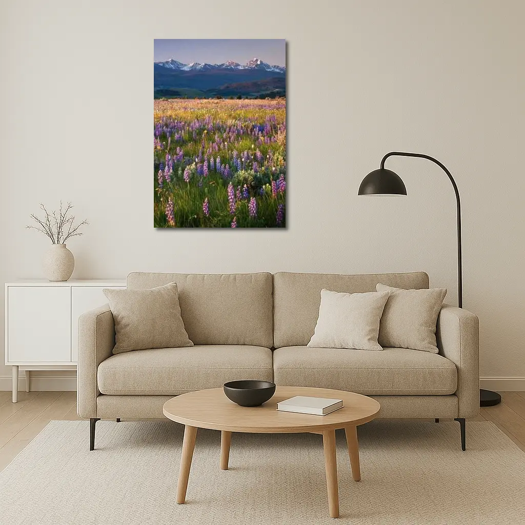 Lupine Wildflower Field Snow Capped Mountains – Wall Art