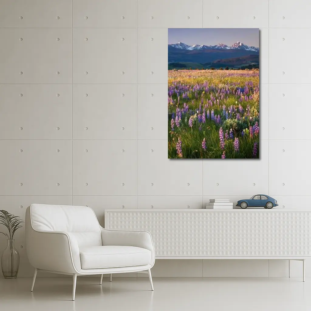Lupine Wildflower Field Snow Capped Mountains – Wall Art