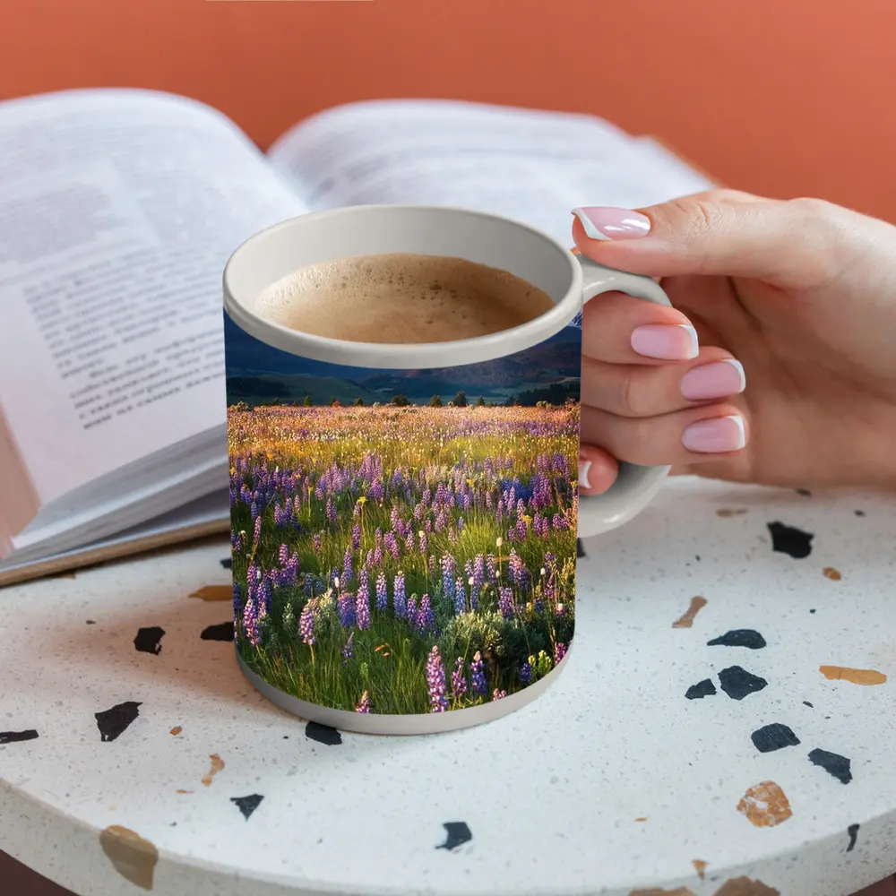 Lupine Wildflower Field Snow Capped Mountains – Mugs