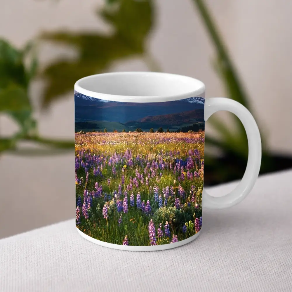 Lupine Wildflower Field Snow Capped Mountains – Mugs