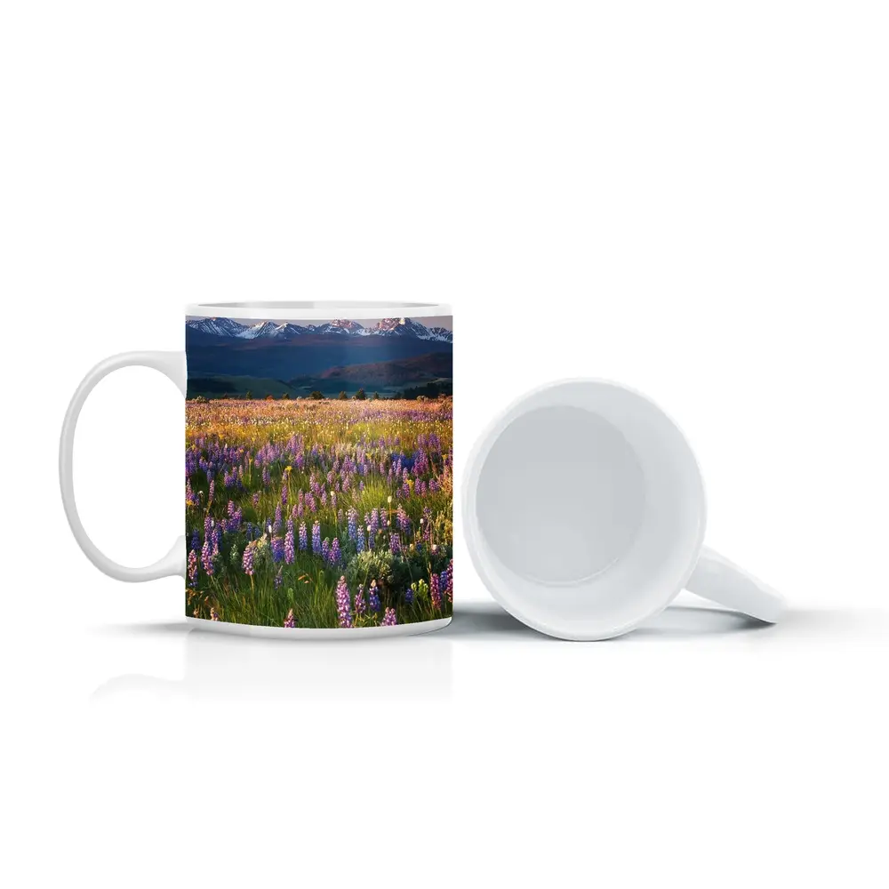 Lupine Wildflower Field Snow Capped Mountains – Mugs