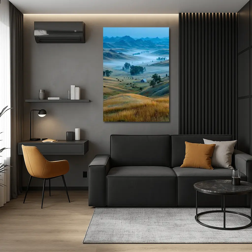 Misty Prairie Valley Rolling Hills Bison – Wall Art