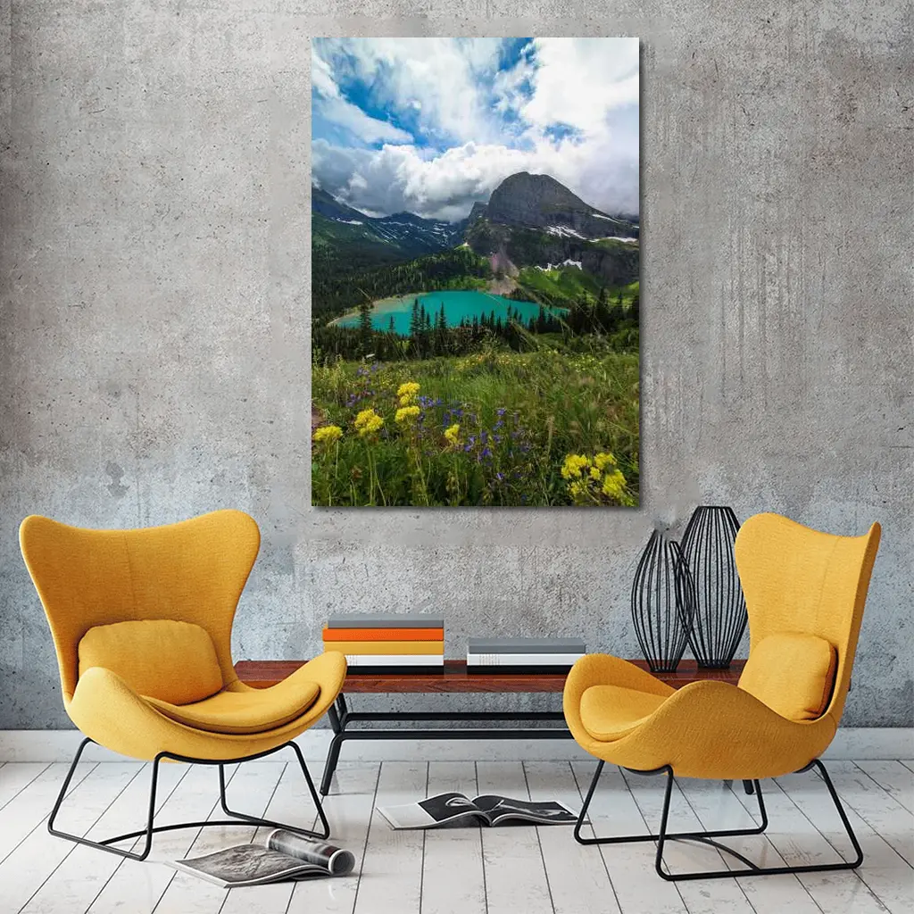 Turquoise Mountain Lake Wildflowers Glacier Landscape – Wall Art