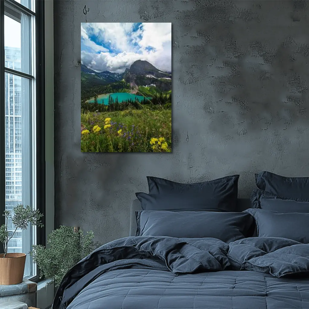 Turquoise Mountain Lake Wildflowers Glacier Landscape – Wall Art