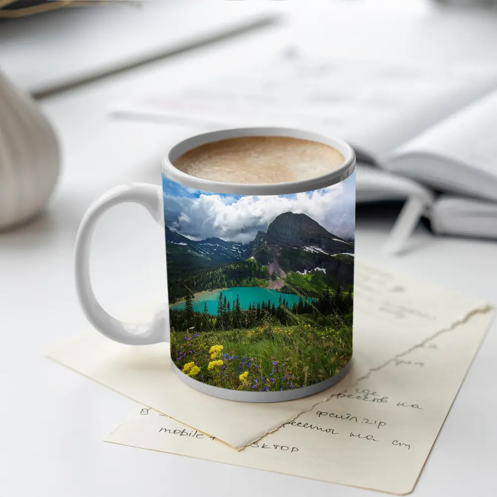 Turquoise Mountain Lake Wildflowers Glacier Landscape – Mugs