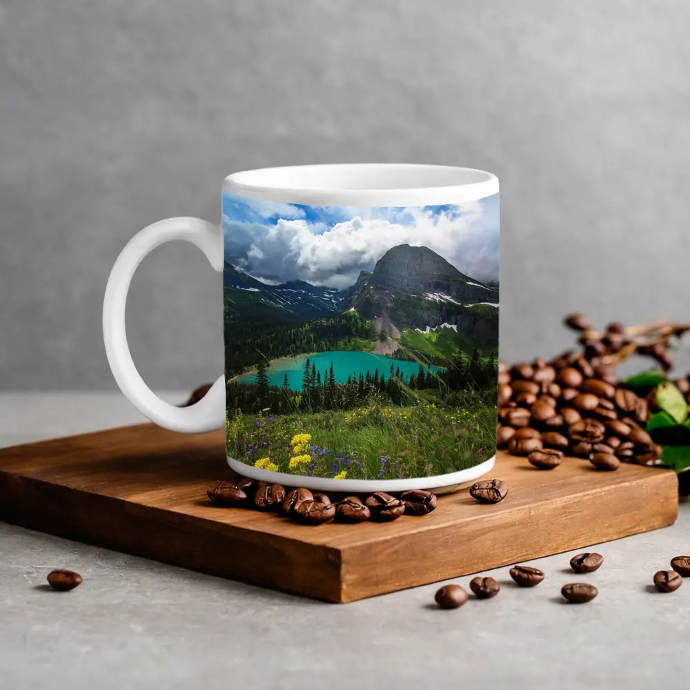 Turquoise Mountain Lake Wildflowers Glacier Landscape – Mugs