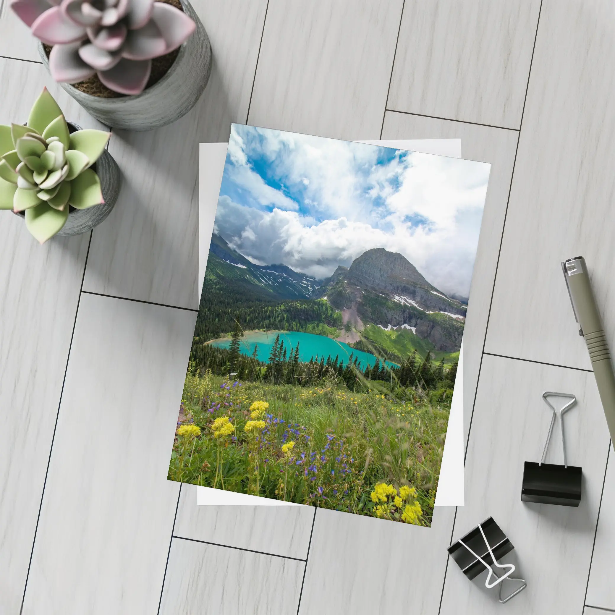 Turquoise Mountain Lake Wildflowers Glacier Landscape – Postcards