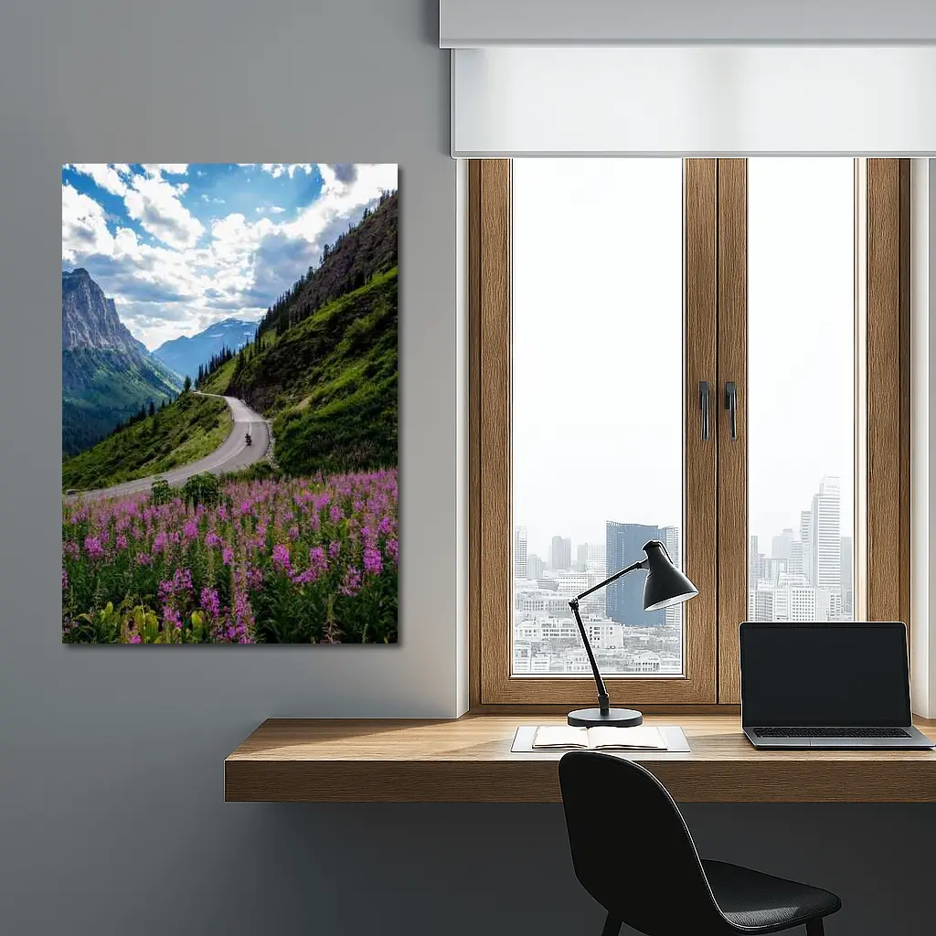 Motorcycle Winding Road Mountain Valley Wildflowers – Wall Art