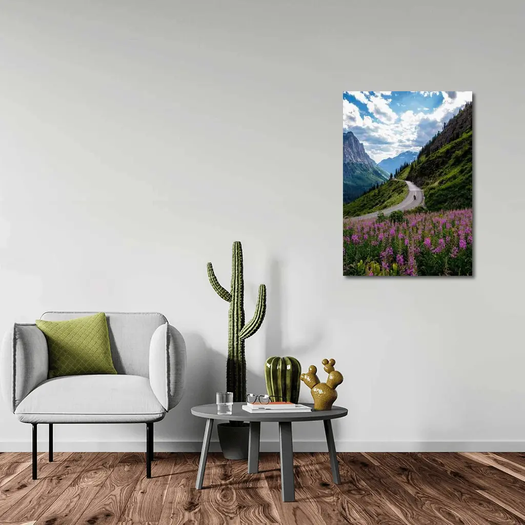 Motorcycle Winding Road Mountain Valley Wildflowers – Wall Art