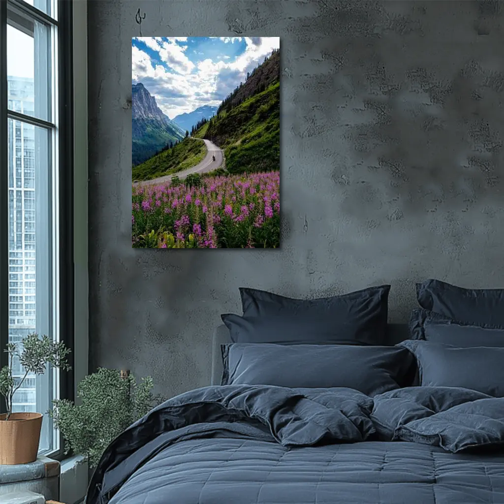 Motorcycle Winding Road Mountain Valley Wildflowers – Wall Art