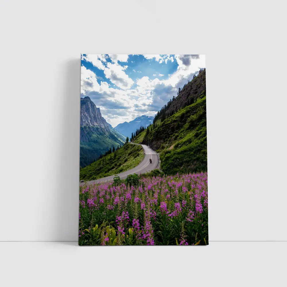 Motorcycle Winding Road Mountain Valley Wildflowers – Wall Art