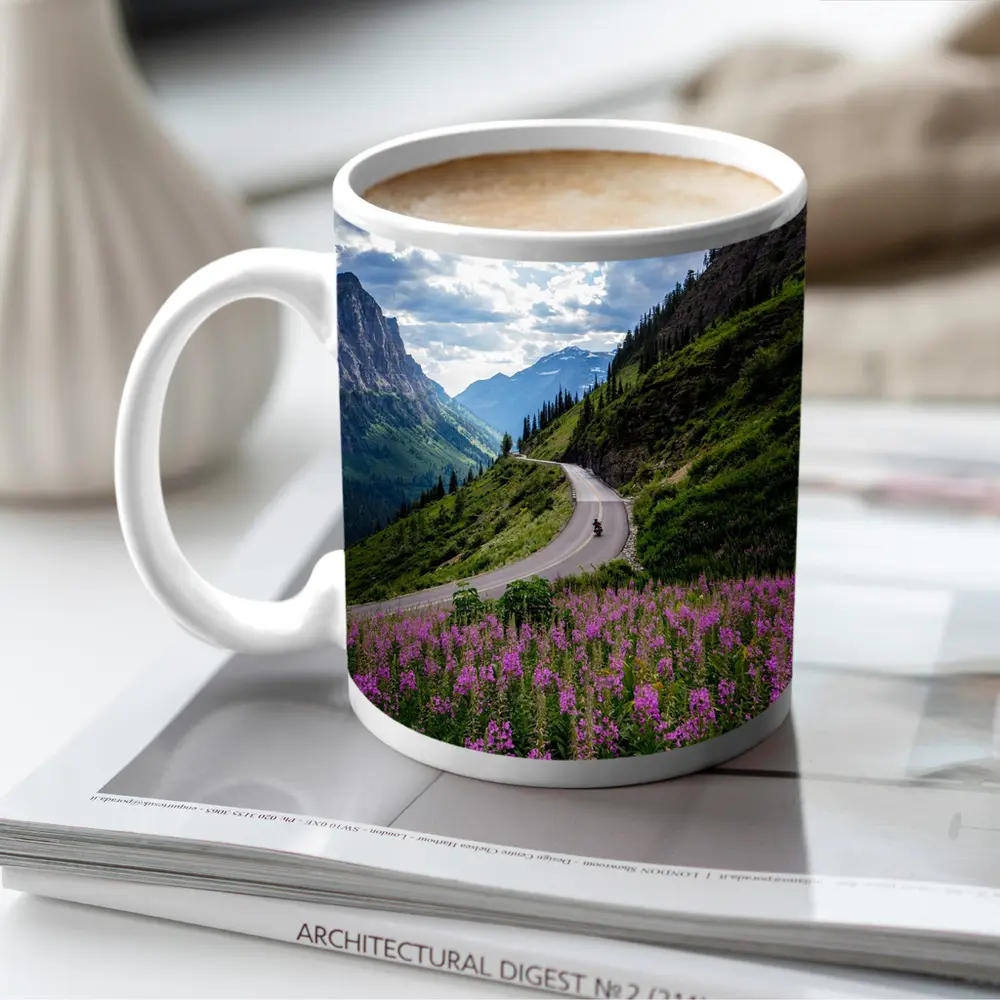 Motorcycle Winding Road Mountain Valley Wildflowers – Mugs