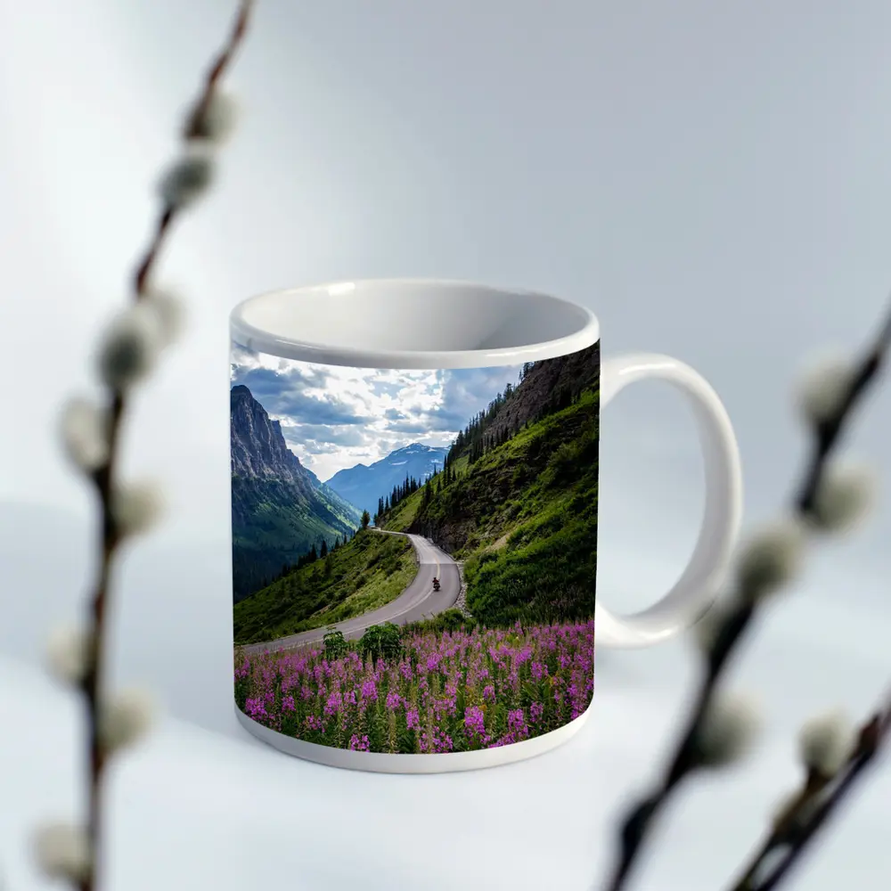 Motorcycle Winding Road Mountain Valley Wildflowers – Mugs