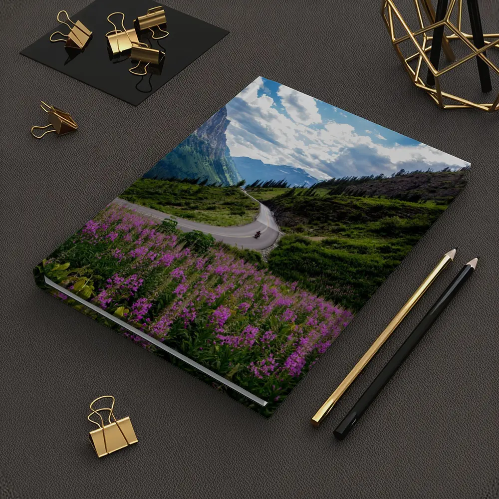 Motorcycle Winding Road Mountain Valley Wildflowers – Notebooks