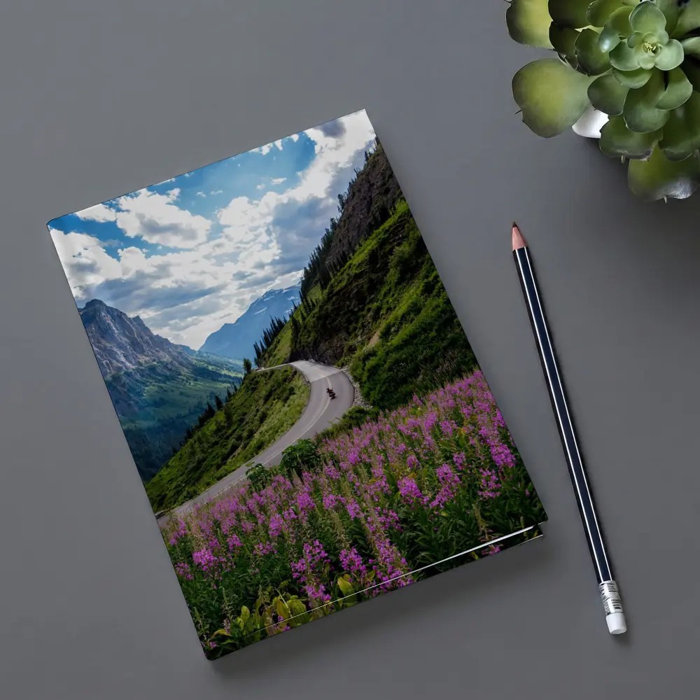 Motorcycle Winding Road Mountain Valley Wildflowers – Notebooks