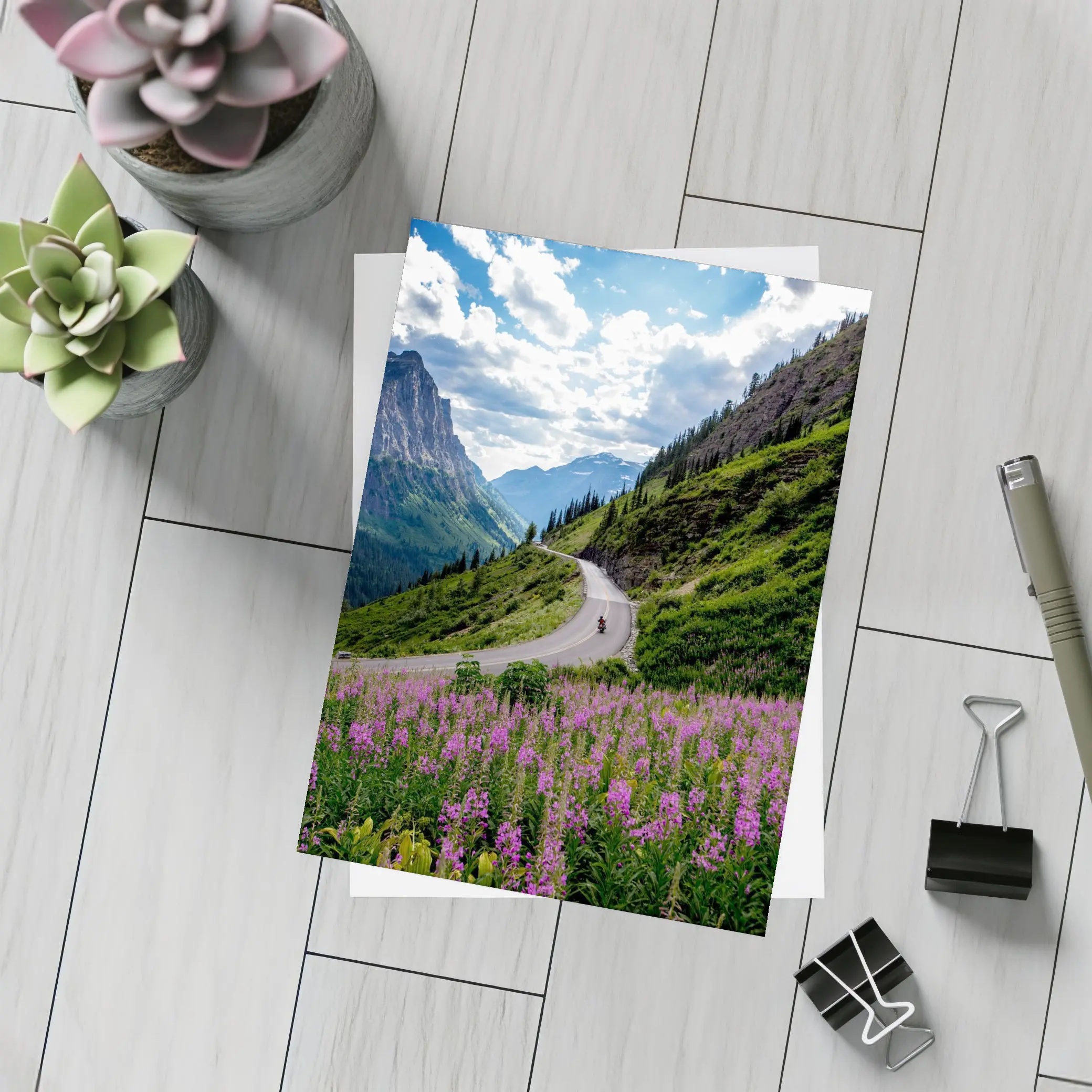 Motorcycle Winding Road Mountain Valley Wildflowers – Postcards