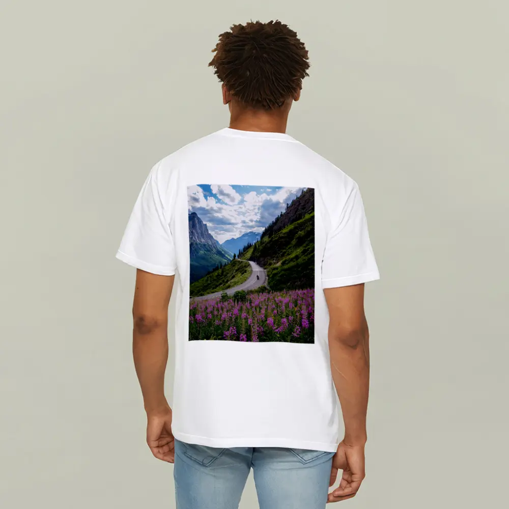 Motorcycle Winding Road Mountain Valley Wildflowers – T-Shirts
