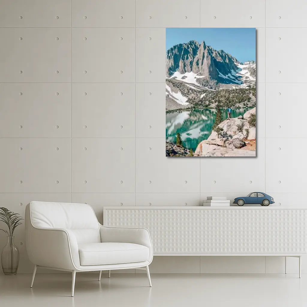 Hiker Standing by Alpine Lake Mountain – Wall Art