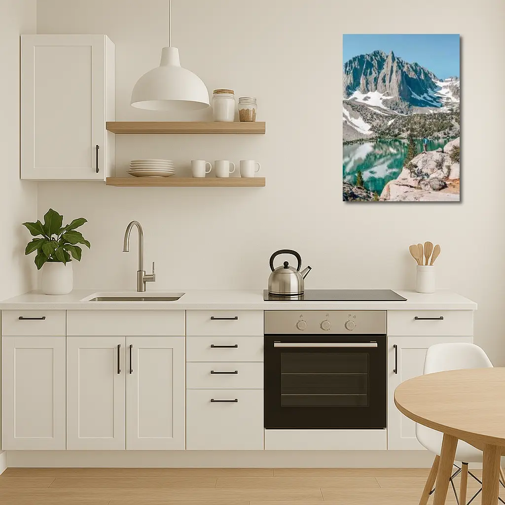 Hiker Standing by Alpine Lake Mountain – Wall Art