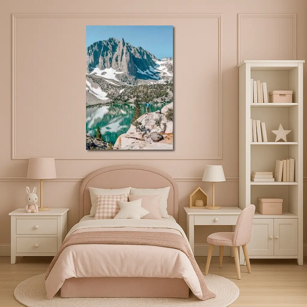 Hiker Standing by Alpine Lake Mountain – Wall Art