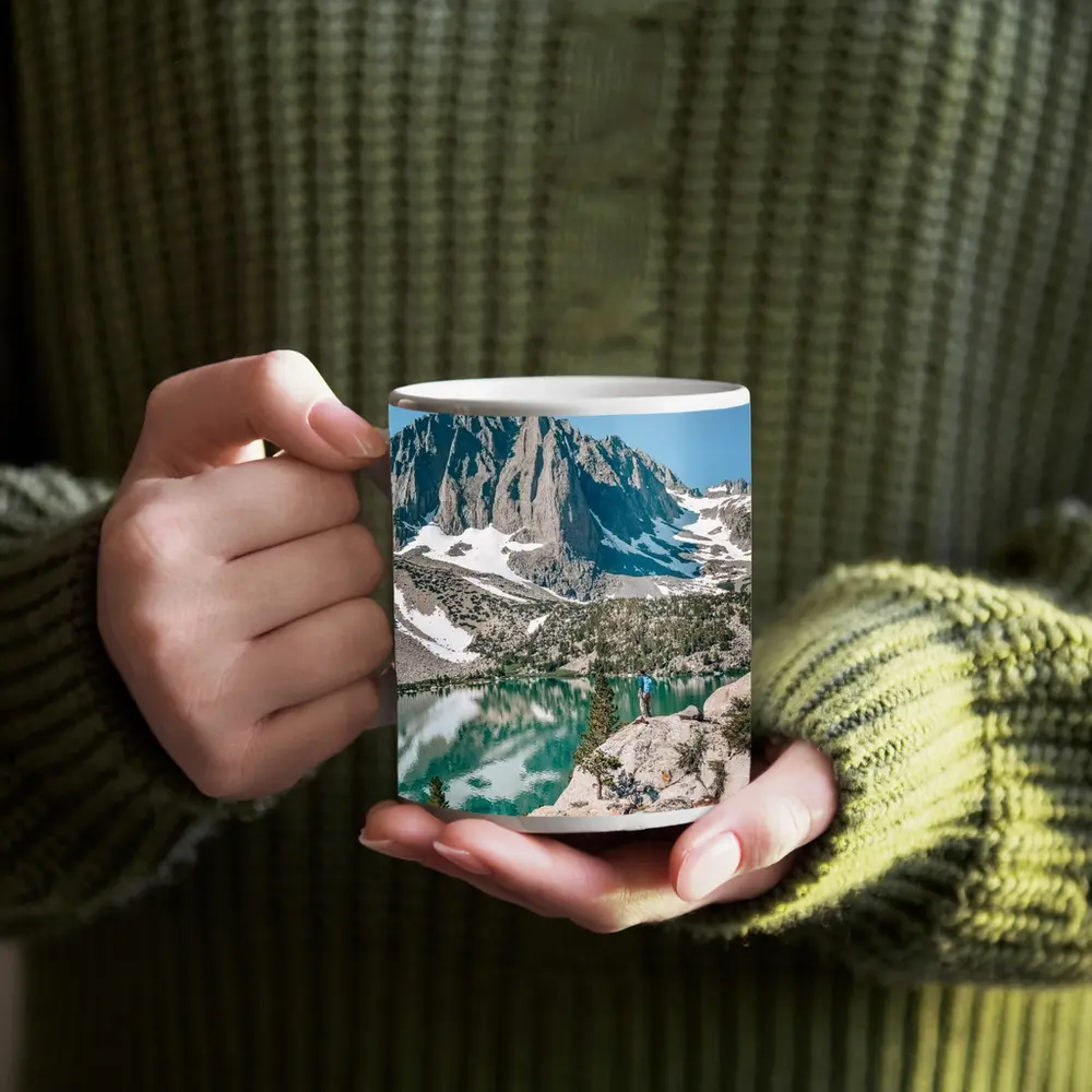 Hiker Standing by Alpine Lake Mountain – Mugs