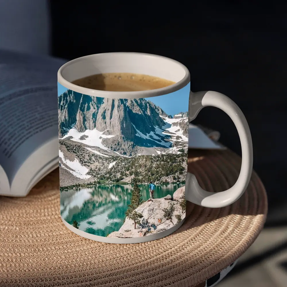 Hiker Standing by Alpine Lake Mountain – Mugs