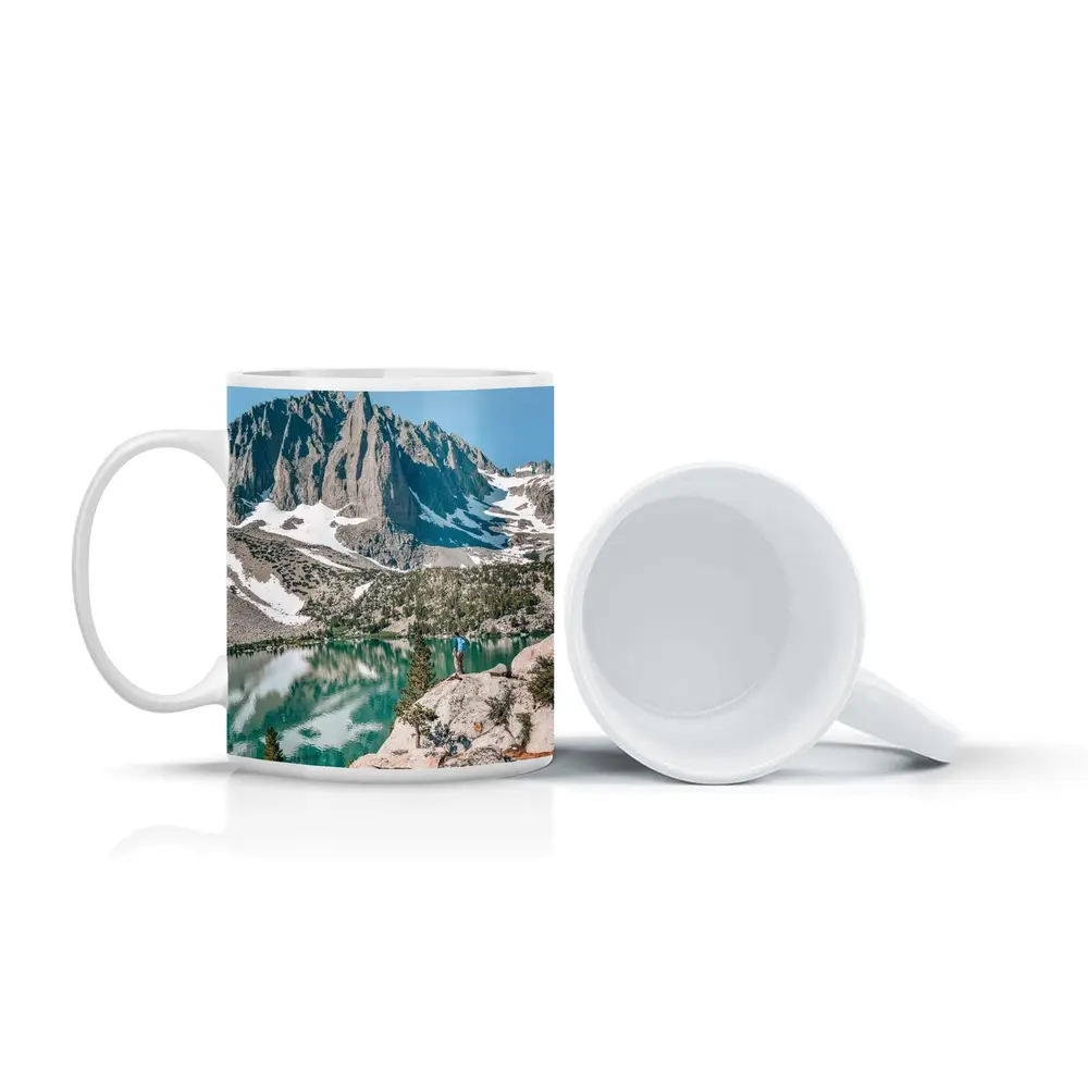 Hiker Standing by Alpine Lake Mountain – Mugs