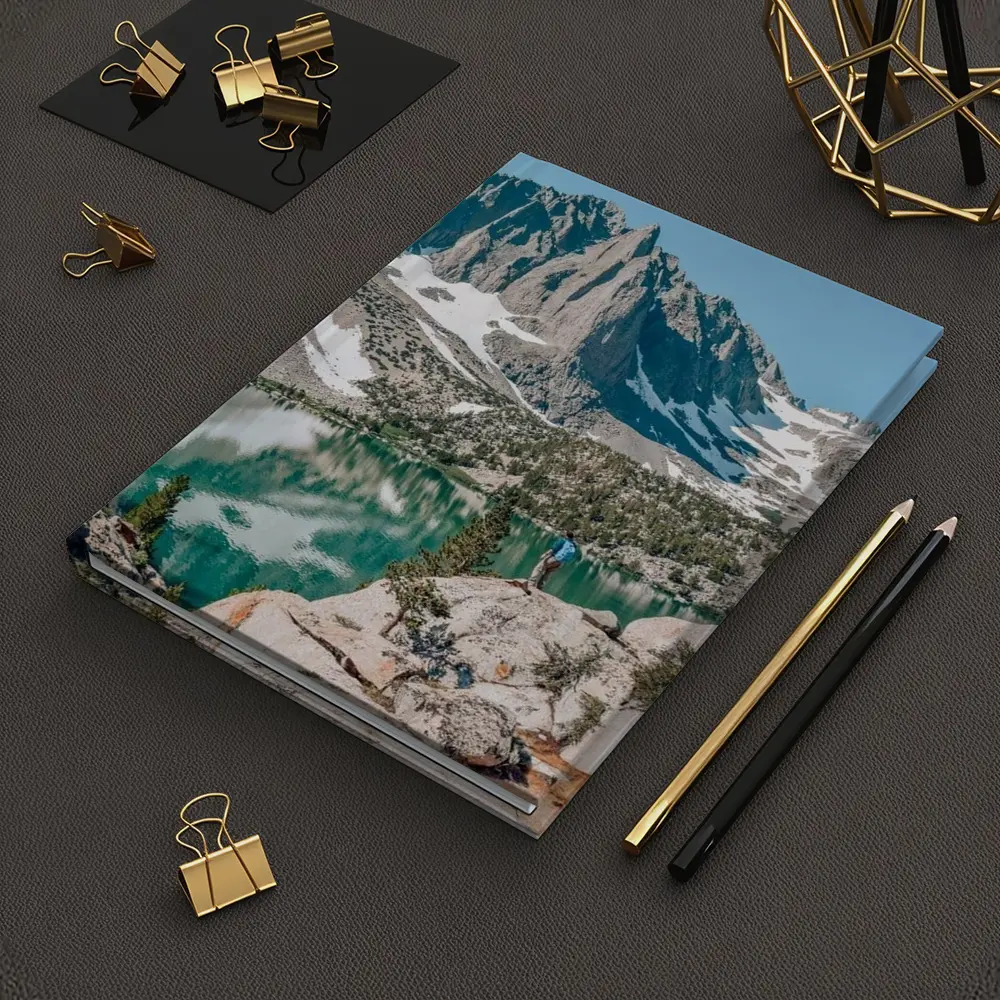 Hiker Standing by Alpine Lake Mountain – Notebooks