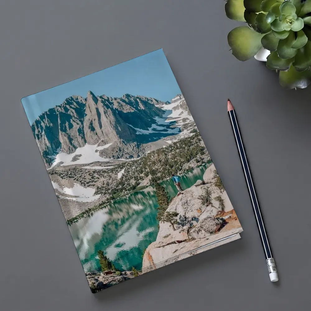 Hiker Standing by Alpine Lake Mountain – Notebooks
