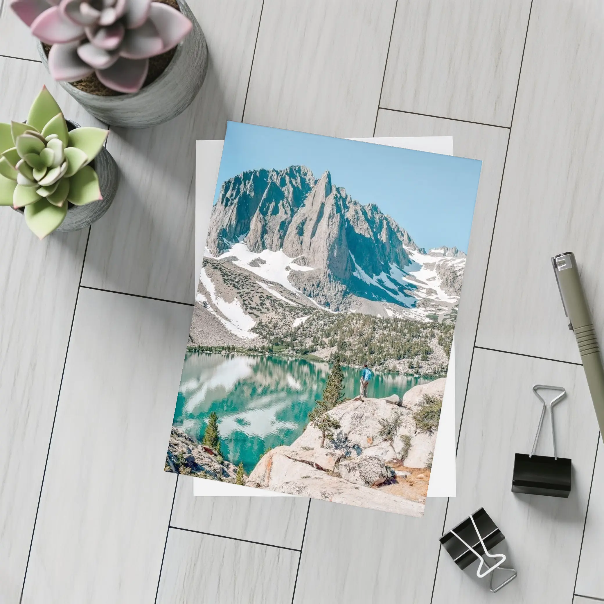 Hiker Standing by Alpine Lake Mountain – Postcards
