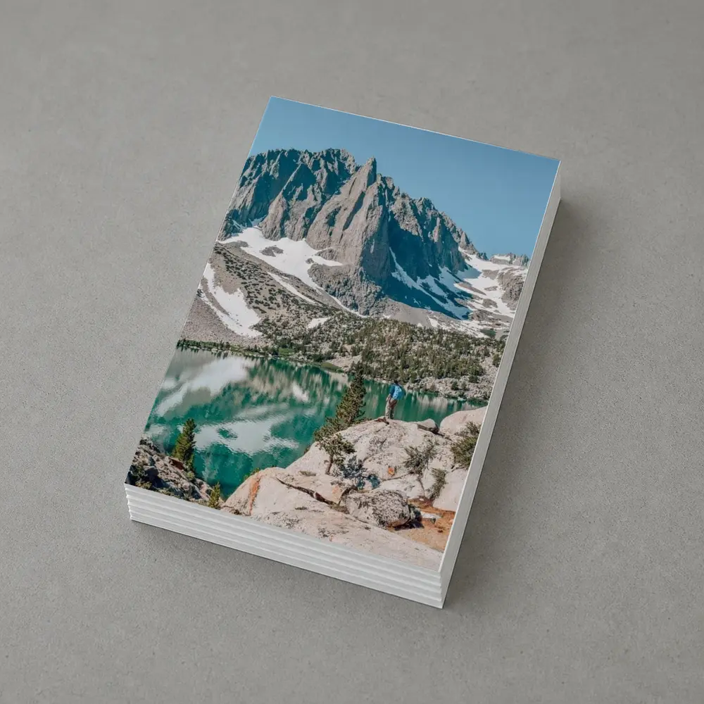 Hiker Standing by Alpine Lake Mountain – Postcards